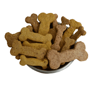 Mixed flavoured home-made dog biscuitsin a bowl,