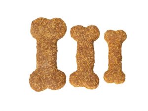 Homemade chicken dog biscuits, three sizes, small, large and extra large.