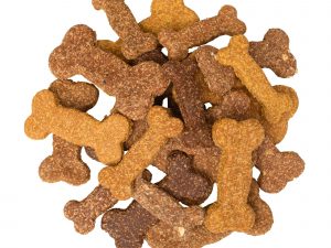 A Mix of homemade Dog bone shape biscuits in seven great flavours and three different sizes